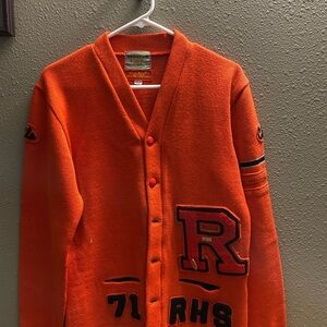 Vintage Mint 1971 Ronan Montana Orange Varsity Cardigan with Red Accents